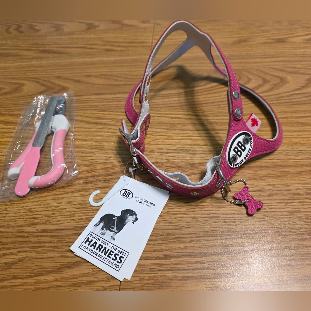 BB Buddy Belt Pink Leather Dog Harness with Bone Charm With Nail Clippers & File